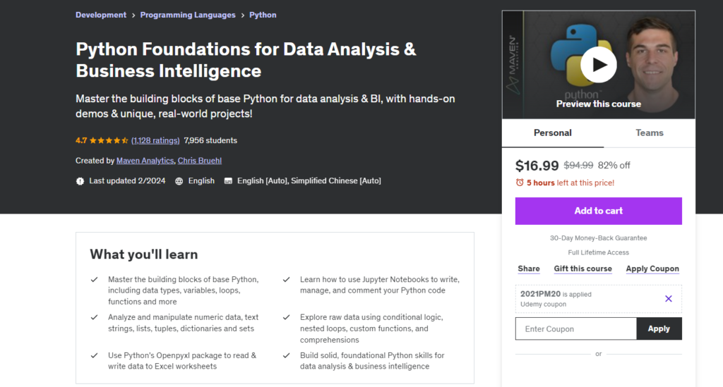 Python Foundations for Data Analysis & Business Intelligence by Maven Analytics on Udemy
